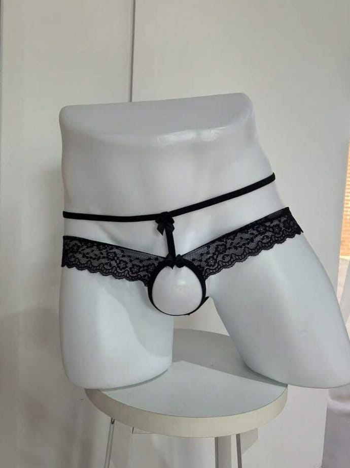 FANDY Men's Lace Patchwork Bow Decor Hollow Out Briefs Underwear